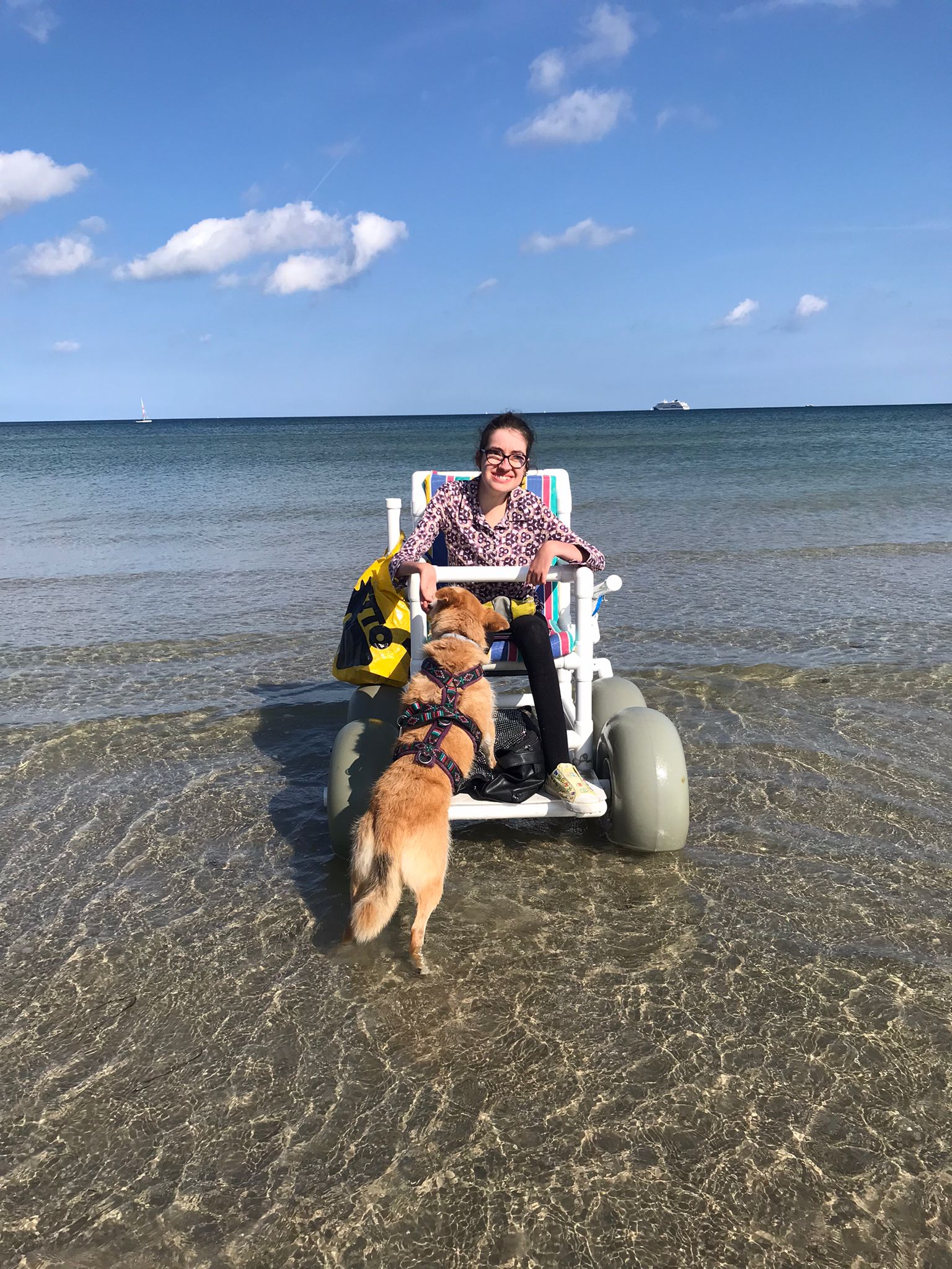 Laura ist mit dem Strandrollstuhl im Wasser. Ein Hund steht mit dem Rücken zur Kamera und steht mit den Vorderfüßen auf dem Fußtritt des Rollstuhls um weniger Wasser zu sein.